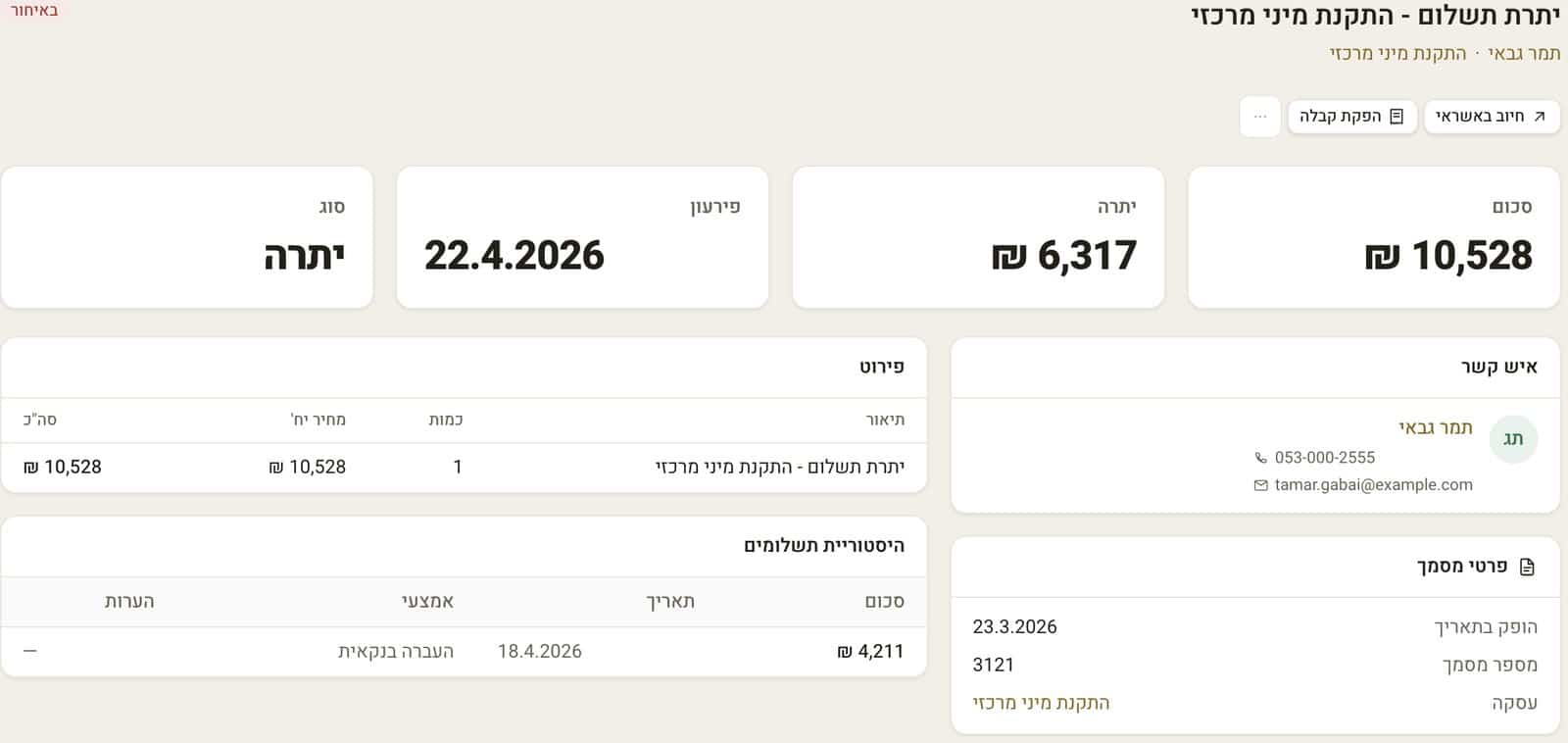 פרטי חוב בודד: מה הופק, מה שולם ומה נשאר פתוח