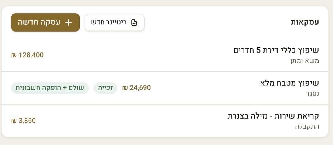 העסקאות של הלקוח בתוך כרטיס איש הקשר